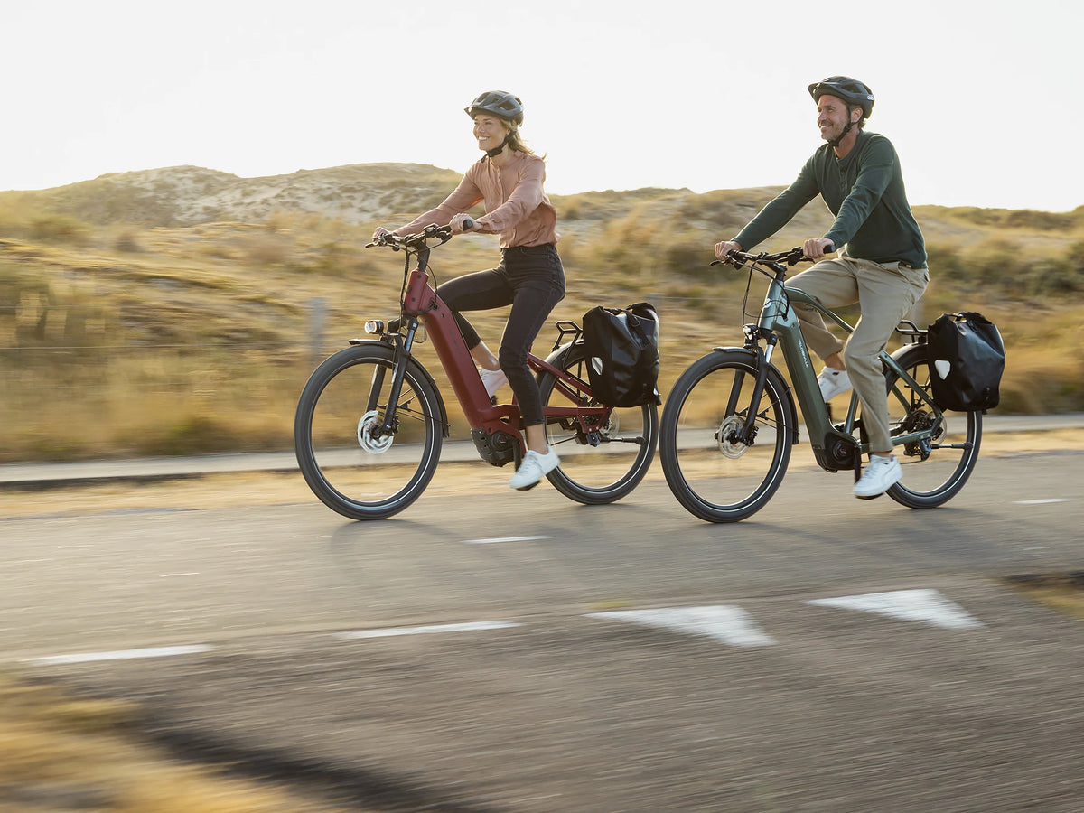 Et par kører på elcykler langs en kystvej