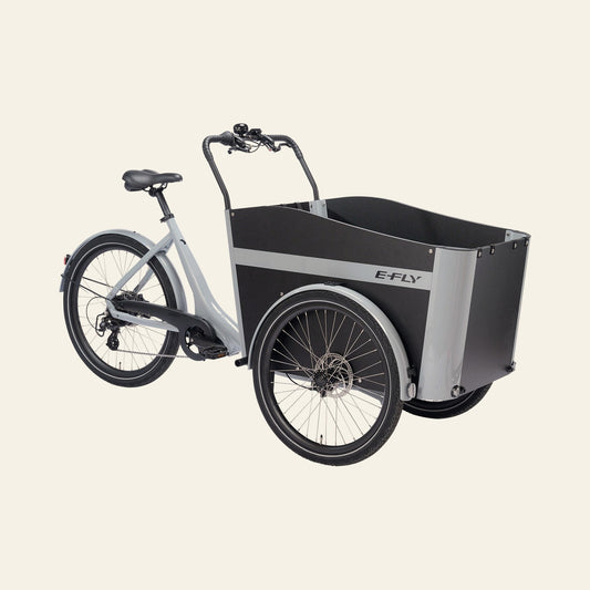 E-FLY Cargo RD el-ladcykel i Steel Grey, set på skrå fra siden